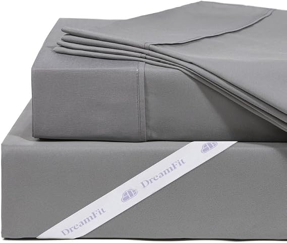 DreamFit DreamComfort 100% Natural Long Staple Cotton Sheet Set for Adjustable Bed with Elastic Corner Bands with Extra Deep Pocket up to 20 in Crafted in USA Split Queen Sheet Set Gray