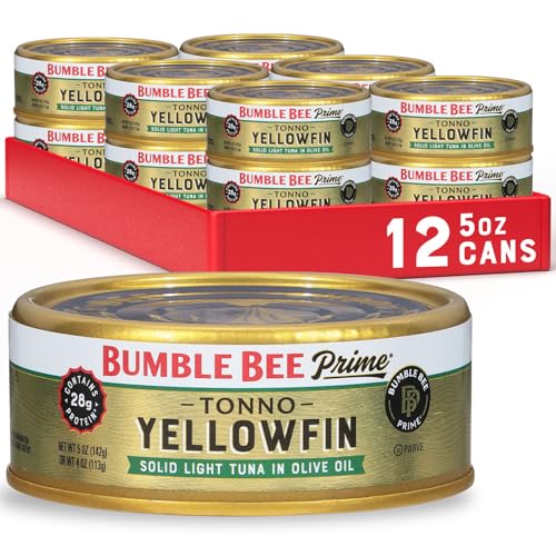 Bumble Bee Prime Tonno Tuna In Olive Oil, 5 oz Easy Open Cans Pack of 12 - Premium Wild Caught Yellowfin Ahi Tuna - 28g Protein Per Serving - Non-GMO Project Verified, Gluten Free, Kosher