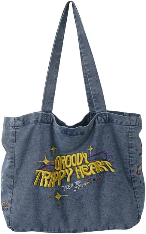 Women Canvas Crossbody Bag Large Denim Tote Embroidered Shoulder Bag