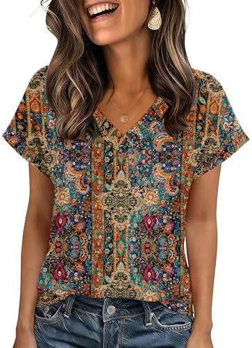 Zeagoo Womens Summer Tops Rolled Short Sleeve V Neck Shirts Casual Dressy Business Work Blouses Outfits