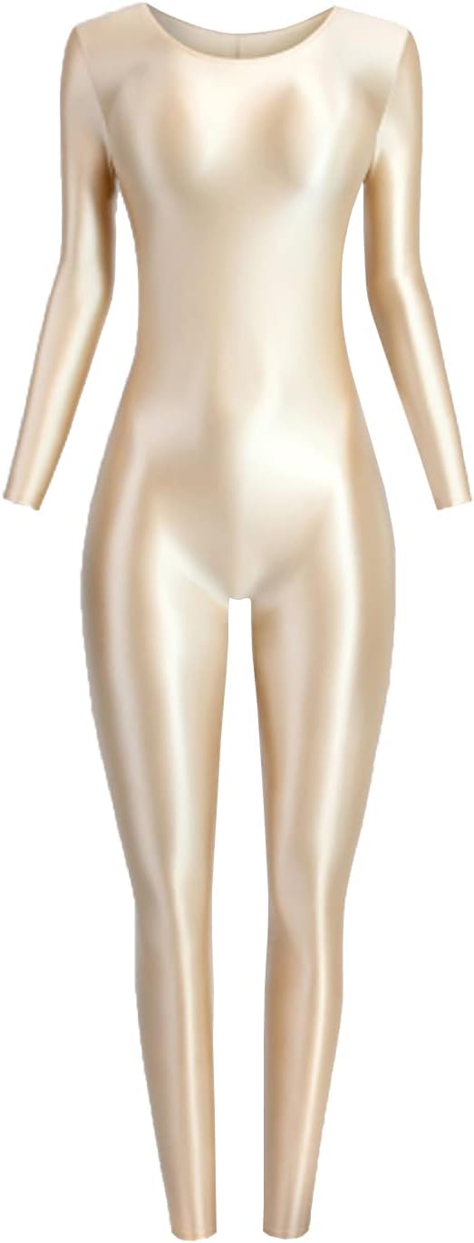 leesuo Women's Sexy Shiny Satin Full Bodystocking Long Sleeve Glossy Opaque Yoga Bodysuit Catsuit