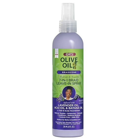 ORS Olive Oil Braidzone 7-In-1 Braid Leave-In Spray with Lavender, Acai & Batana Oil for Hair & Scalp Nourishment 8 Ounces