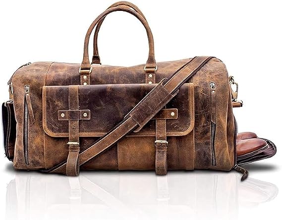 Duffel Bags for Men and Women Full Grain Leather Travel Overnight Weekend Leather Bags Sports Gym Duffle for Men (20 Inch) (Distressed Tan With Shoe Pocket)