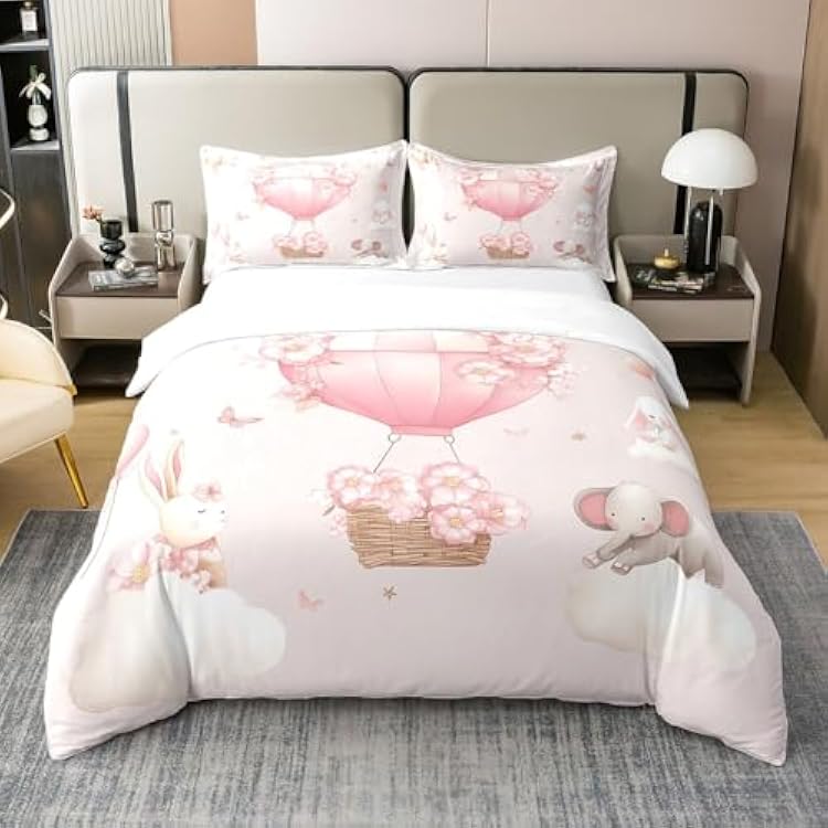Flower Hot Air Balloon 100% Cotton Duvet Cover Full Cartoon Cute Animal Bedding Set for Kids Rabbit Elephant Bear Comforter Cover Pink Butterfly Quilt Cover with 2 Pillowcases,No Comforter