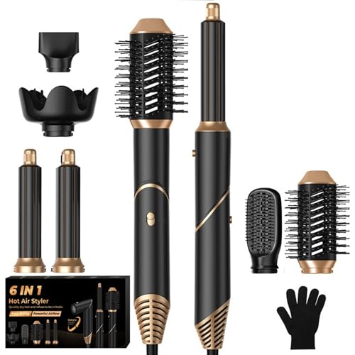 6 in ONE Blow Dryer Brush, Curling Wand Hair Styling Tools Set, Ionic Hot Air Hair Dryer, Massage Oval Hair Dryer, Left&Right Hair Curlers 100-120V