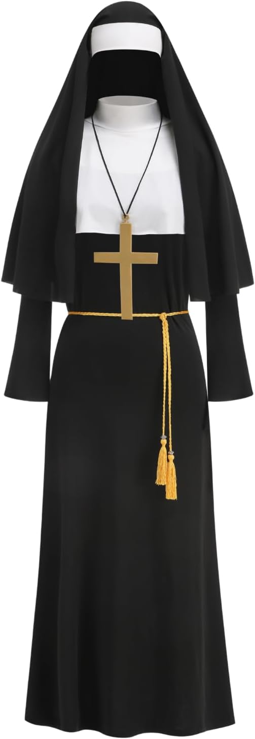 Women Nun Costume Adult Nun Outfit with Hat Deluxe Traditional Halloween Mother Superior Cosplay Costume