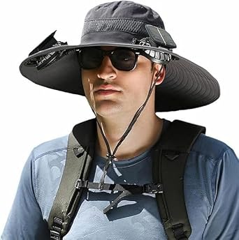 Fishing Hat with Built in Fan, 2025 New Hat with Fans Solar Power, Wide Brim Outdoor Fishing -Solar & USB Charging