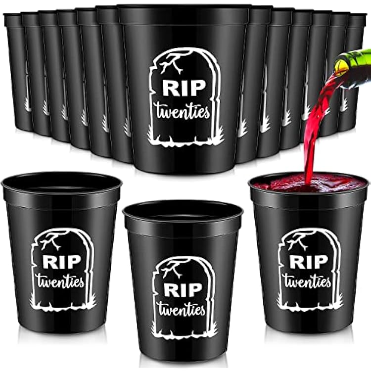 Remerry 24 Pcs Death to My 20s Thick Cup, 16 oz Gothic 30th Birthday Party Black Plastic Tumbler Cups, Stadium Cups Rip Twenties 20s Birthday Decorations for Party SuppliesWhite Print