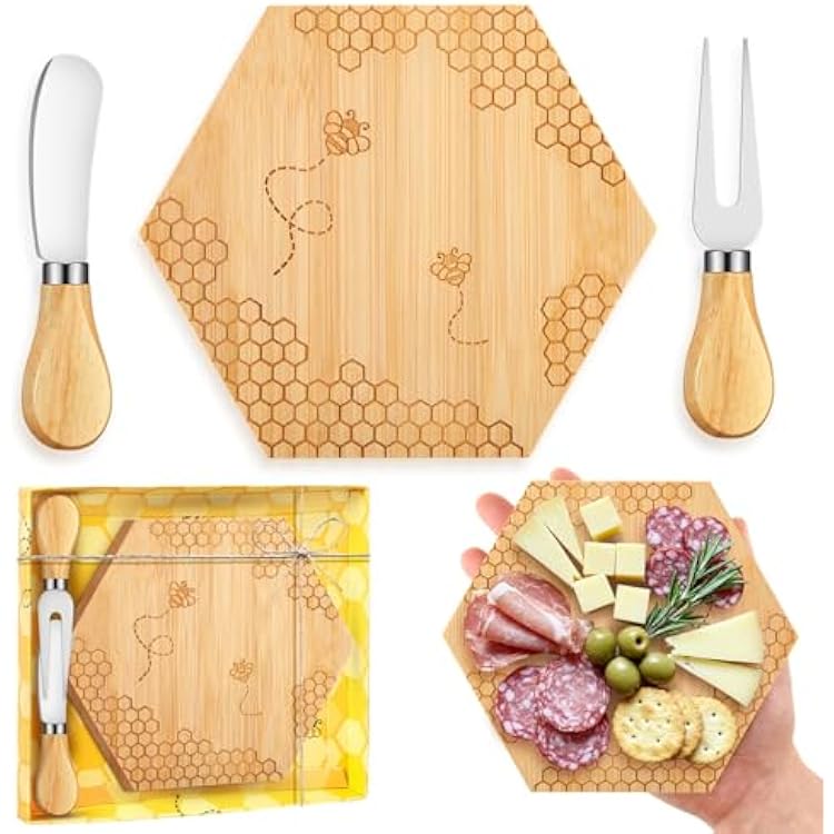 1 Set Bridal Baby Shower Prizes for Winners Honey Bee Cheese Board Party Gifts with Cheese Knive and Forks Box for Bee Baby Shower Themed Birthday Wedding Favors Hexagon