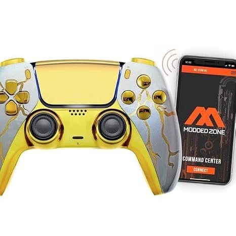 MODDEDZONE Handcrafted in USA Custom MODDED Wireless Controller for PS5 and PC -With Unique Smart Mods, Best For First Person Shooter Games - Gamepad for PlayStation 5 with Unique Design Gold Thunder