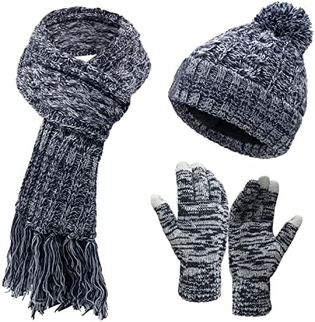 Winter Wool Fleece Knit Pom Beanie Hats, Warm Long Neck Scarf & Touchscreen Gloves Set Gifts for Women Cold Weather Gear