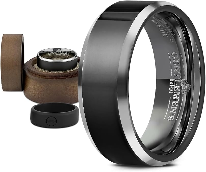 Gentlemen's Bands Men's Black Tungsten Carbide Wedding Band | Premium Grade Tungsten Black Wedding Band Beveled Includes Silicone Band Leather Drawstring Pouch & Luxury Walnut Ring Box