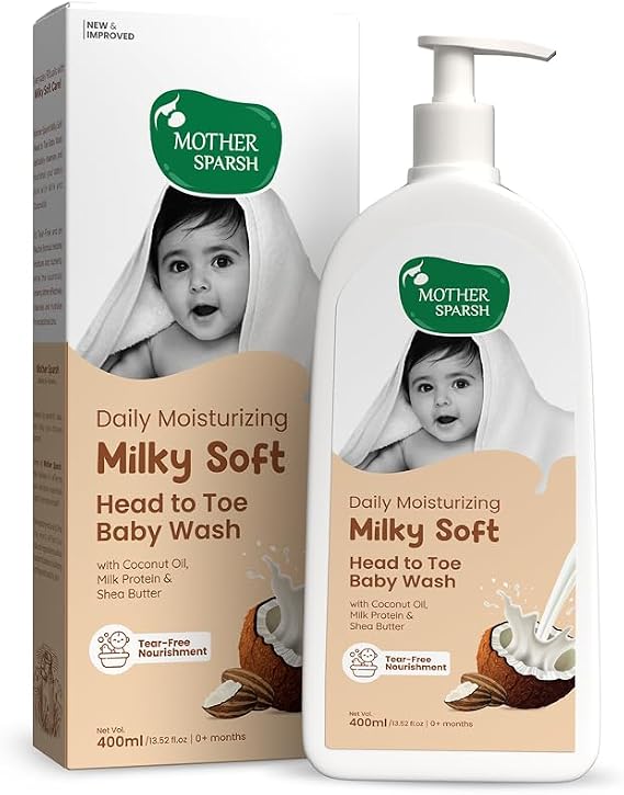 Mother Sparsh Milky Soft Head to Toe Baby Wash & Baby Shampoo-400ml with Milk Protein & Shea Butter |Ph balanced & Paraben free 2 in 1 Natural Baby Body Wash