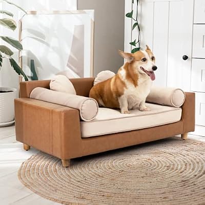 dCee Luxury Dog Sofa Bed, Luxury 42 Leather Pet Couch for Large Dogs, Washable Velvet Cushion, Sturdy Wooden Frame, Anti-Slip Design, Joint Support, Comfortable and Stylish for Pets Up to 160 Lbs