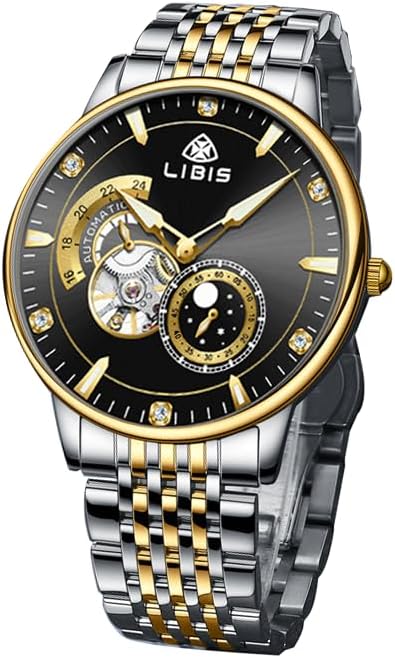 Men's Automatic Tourbillon Wrist Watch, Two-Tone Stainless Steel Bracelet, Black Dial