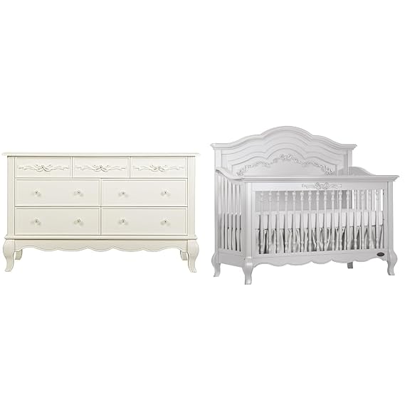 Evolur Aurora 7 Drawer Double Dresser 54x20.3x34 Inch & 5-in-1 Convertible Crib in Akoya Grey Pearl, Greenguard Gold Certified