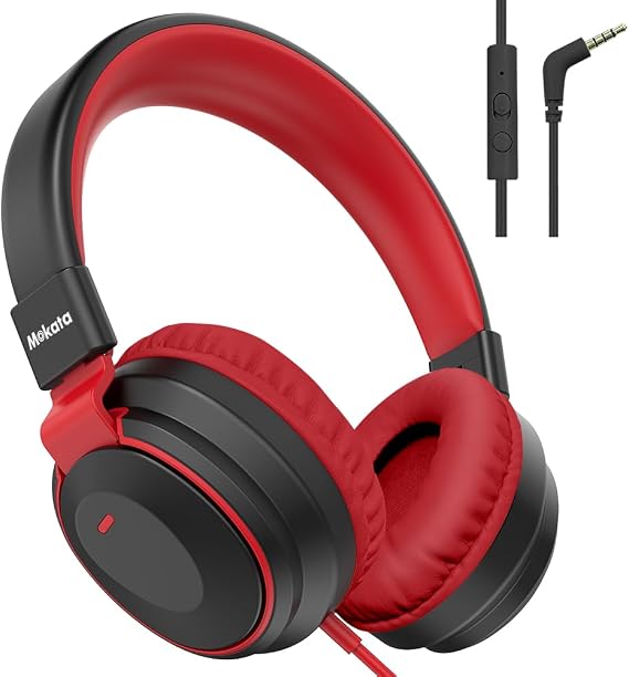 Mokata Headphone Kids Volume Limited 85/94dB Wired Over-Ear/On-Earr Foldable Headset with Inline Cable Aux 3.5mm Cord Mic for Toddler Boy Girl Child Back to School Study Pad Tablet Black
