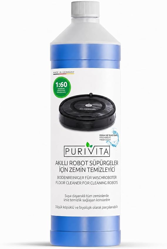 PURIVITA - Zemin temizleyici silme robotu – 500 ml iz bırakmayan ve sürdürülebilir konsantre – Tüm silme ve ıslak fonksiyonlu robot süpürge için temizlik robotu