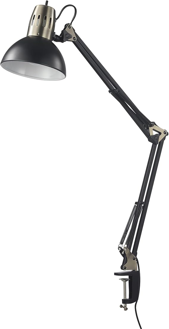 Globe Electric 62000009 32" Multi-Joint Desk Lamp with Metal Clamp, Matte Black, Antique Brass Accents, On/Off Rotary Switch on Shade, Partially Adjustable Swing Arm, Home Decor, Office Accessory