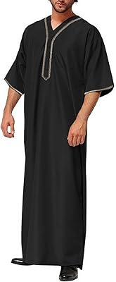Mens Kaftan Thobe Short Sleeve Robe Button Down Casual Henley Shirts Muslim Gown Shirt Nightshirt Nightwear Sleepwear