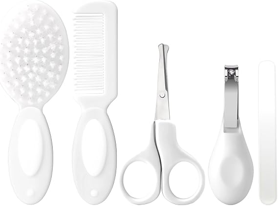 Baby Grooming Kit Newborn,Infant Safety Care Set with Hair Brush Comb Nail Clipper, Baby Essentials for Newborn,5 Pcs, Write