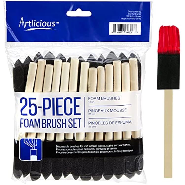Artlicious 1 Inch Foam Brushes Wood Handle Paint Brush Set Value Pack of 25 - Lightweight, Durable and Great for Acrylics, Stains, Varnishes, Art & Crafts