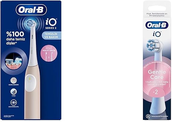 Oral-B iO 2 Rechargeable Toothbrush - Pink + Oral-B iO Gentle Care White Toothbrush Replacement Head 2 Pieces