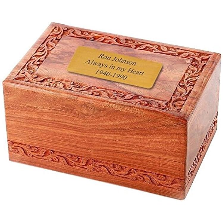 Solid Rosewood Border Engraving Handcarved Wood Urn with Custom Engraved 2x4 Brass Plate - Large, Cremation Urn, Wooden Urn