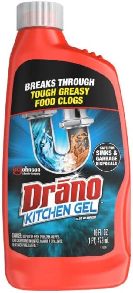 Drano Kitchen Gel Drain Clog Remover and Cleaner for Tough, Greasy Kitchen Clogs, Safe for Garbage Disposals, 16 oz