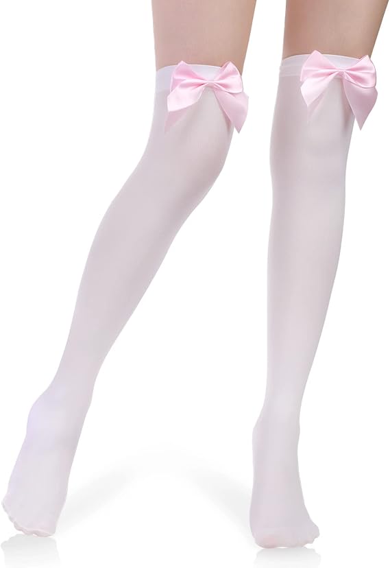 Geyoga White Thigh High Socks Knee High Socks with Bows Opaque over Knee White Stockings for Women Xmas Halloween Valentine Favors