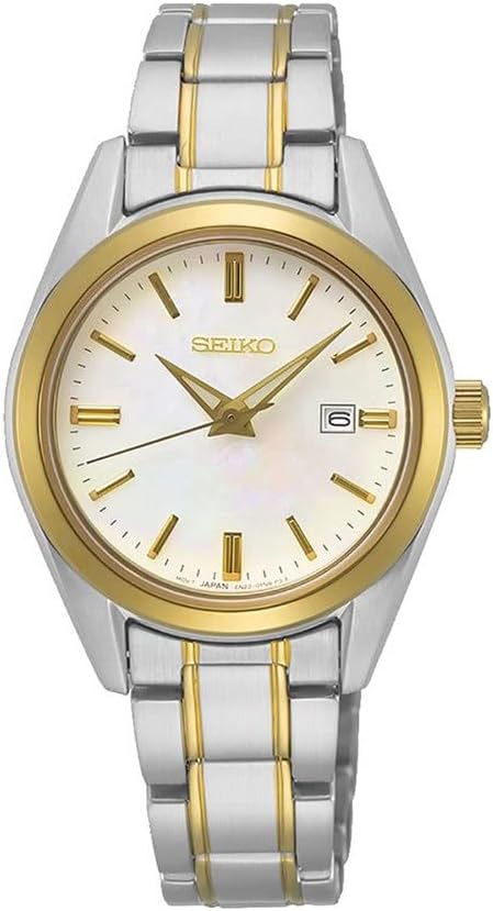Seiko ladies watch with quartz movement and two tone stainless steel bracelet, case and mother of pearl dial