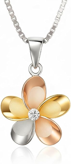 Aloha Jewelry Company 14K Gold Plated 925 Sterling Silver Cubic Zirconia Hawaiian Plumeria Flower Necklace Pendant with 18" Box Chain, Nickel Free Hypoallergenic for Sensitive Skin, Gift Box Included