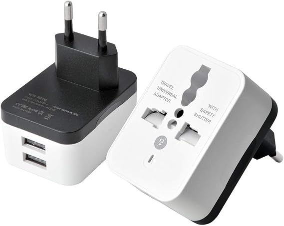 European Power Travel Plug Adapter, Spain Iceland Germany France Italy Power Travel Plug Adapter Converting from Europe to US (2 USB Ports)