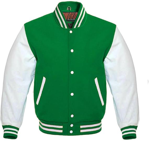 Men Varsity Bomber Jacket Baseball Collage Team Jacket White Real Leather Wool