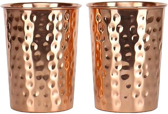 zig zag Set of 2 Hammered Pure Copper Cups 300ml Ayurveda Water Glasses | Handcrafted Tumblers for Health Benefits | Drinking Copper Glass for Daily Use