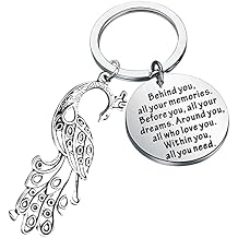 FEELMEM Inspirational Peacock Keychain (Silver) - Behind You All Your Memories - Women and Girls Gift