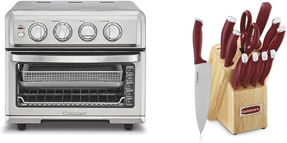 Cuisinart Air Fryer + Convection Toaster Oven, 8-1 Oven with Bake, Grill, Broil & Warm Options, Stainless Steel, TOA-70 & C77SSR-12P Color Pro Collection 12 Piece Knife Block Set, Red