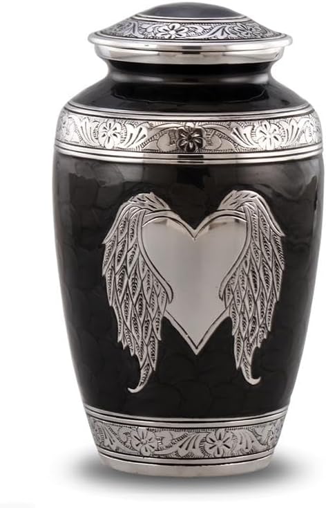 Angel Wings Urn - Loving Angel Wings & Heart Cremation Urn - Beautifully Handcrafted Adult Urns for Men and Women - Full Size Funeral and Memorial Urns for Human Ashes with Velvet Bag (Black)