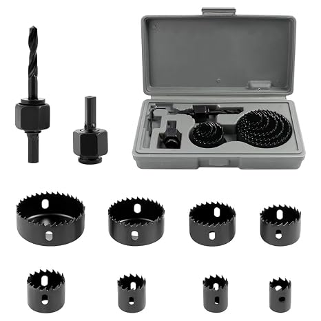 11 Piece Hole Saw Set, 19mm-64mm Hole Saw Kit in Case with Hex Key, Mandrels, Saw Blade for Wood, Plasterboard, Plastic