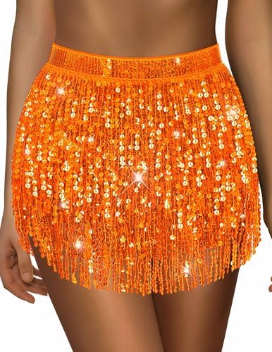qikqik Sequin Skirt for Women Sparkly Skirt Tassel Skirts Halloween Sequin Fringe Skirts Belly Dance Glitter Rave Outfit Wrap