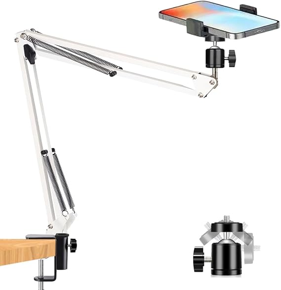 Overhead Tripod Mount for Camera Webcam Ring Light, Flexible Over Head Articulating Arm with Phone Holder and Ball Head, Desktop Suspension Scissor Accessory for Live Streaming,Video Recording(White)