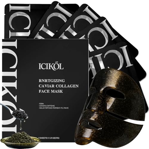 24K Gold & Caviar Collagen Face Mask, 5 Pack Luxurious Hydrating Facial Treatment, Firming Appearance Supports a Radiant, Rejuvenated Look Overnight
