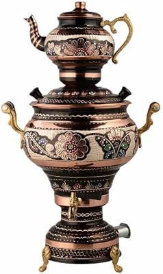 Copper Erzincan Embroidered Electric Samovar, Suitable for Balcony or Workplaces ALBSMVER, 30  30  50 cm