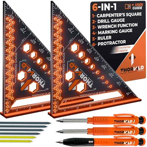 THORVALD 2 Carpenter Square 7 inch 116 Precision  2 Pencils  12 Leads - T Square Multi-Purpose Carpenter Tools : Wrench, Protractor, Ruler, Marking Gauge, Drill Gauge, Carpentry Pencil