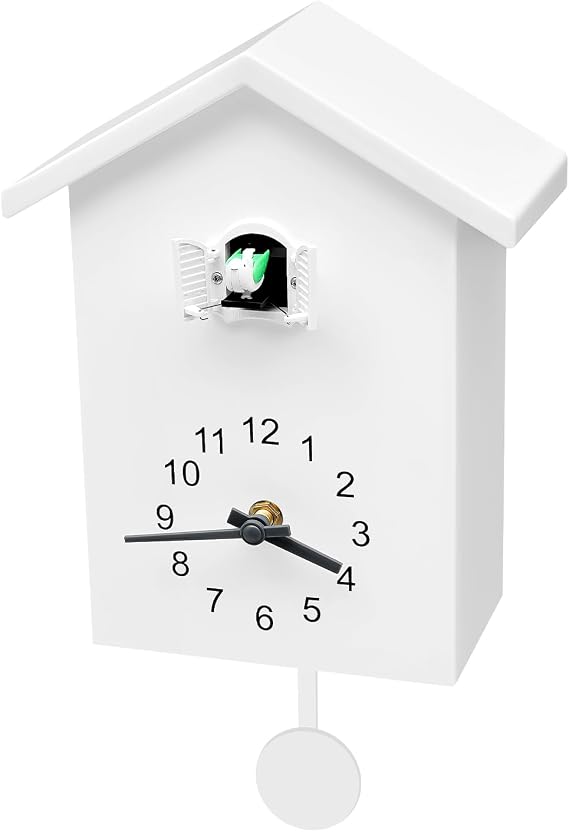 Cuckoo Clock, Minimalist Cuckoo Sound Clock with Working Bird & Chimer Pendulum, Volume Adjustable, Bird Hanging Wall Clocks for Home Living Room Kitchen Office Decoration, White