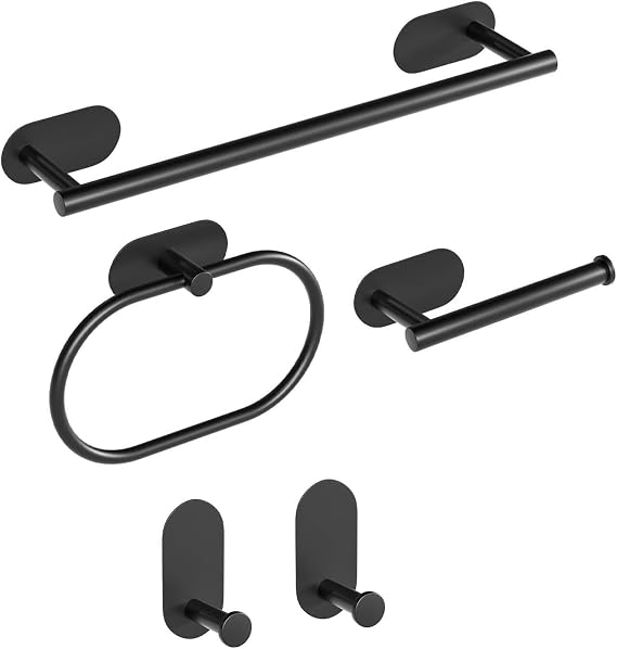 YUET Matte Black Bathroom Accessories Set - Toilet Paper Holder, 5 Piece 304 Stainless Steel Hardware Kit Including 16" Towel Rail Bar, Toilet Roll Holder, Towel Ring, and Robe Towel Hooks (Black)