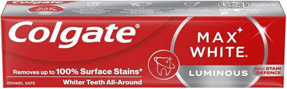 Colgate Max White Luminous Teeth Whitening Toothpaste 75ml, Removes Up to 100% of Surface Stains, Thoroughly Cleans All Around, Helps Prevent Future Discolouration, Enamel Safe for Daily Use