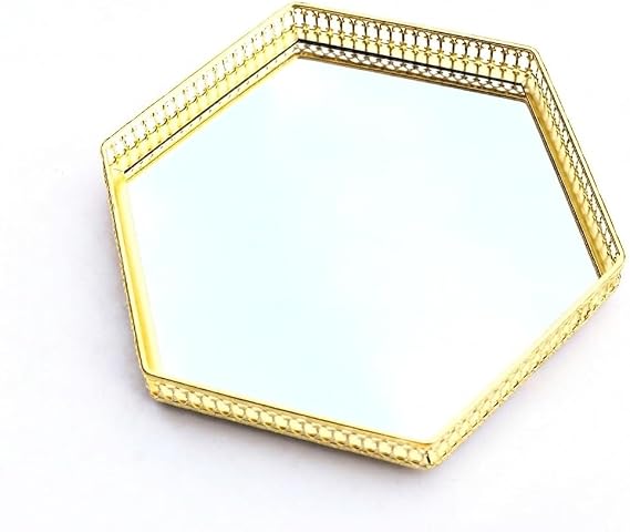 Crystal Mirror Vanity Tray - 9.8" Round Silver Decorative Tray for Dresser, Bathroom, Kitchen (Gold - Hexagonal)