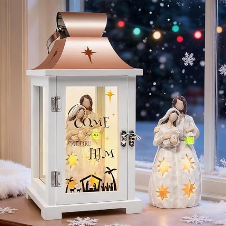 Christmas Nativity Set for Table Centerpieces, 15.1 Tall Nativity Christmas Lantern for Party Decor, Hanging Candle Lantern for Xmas Home Decor Indoor, Resin Nativity Figurine for Xmas Gift