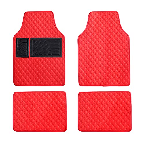 Red Car Floor Mats, Luxury Faux Leather Automotive Floor Mats, All Weather for Cars Truck SUV (4 Pieces, Red)